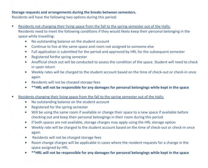 New storage policies for breaks during the semesters [HRL Housing Contract 2016-17]