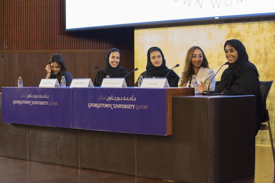 (From left to right) Ritica Ramesh, event organizer, Machaille Al-Naimi, Qatari lawyer, Fatima Al-Sahlawi, Qatari architect, Nourah Al-Sulaiman, outreach manager of  Insaniyat from Kuwait, and Azza Salah, CEO of Sky Climbers. Photo provided by GU-Q.