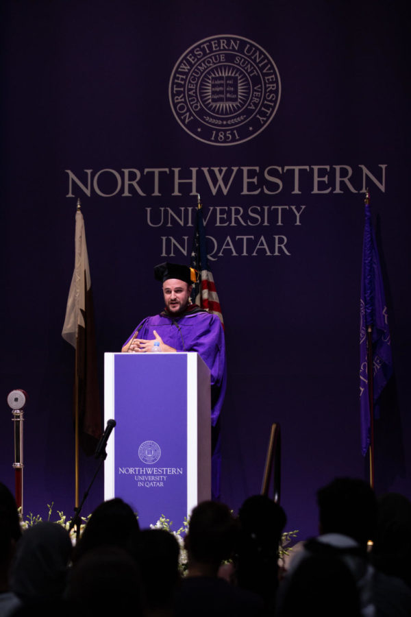 Jordon Horowitz delivering his speech at Convocation. Photo provided by Northwestern University in Qatar.
