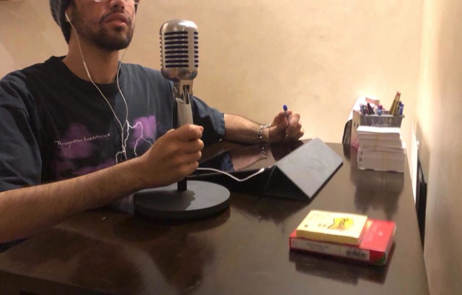 Hamad AlFayhani recording an episode for his podcast, "Okay, Listen." Photo provided by Farah Al Sharif.