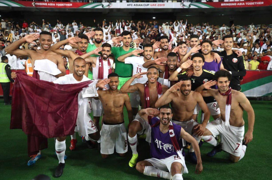 Qatar's National Football Team celebrate their win after the game. Picture source: AliBinHamad_ via Twitter.