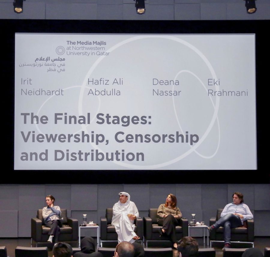 Irit Neidhardt, Hafiz Ali Abdulla, Deana Nassar, and Eki Rrahmani at the panel discussion. Photo credit: Media Majlis Facebook.